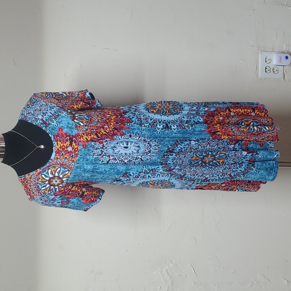Vibrant Blue and Orange Patterned Midi Dress